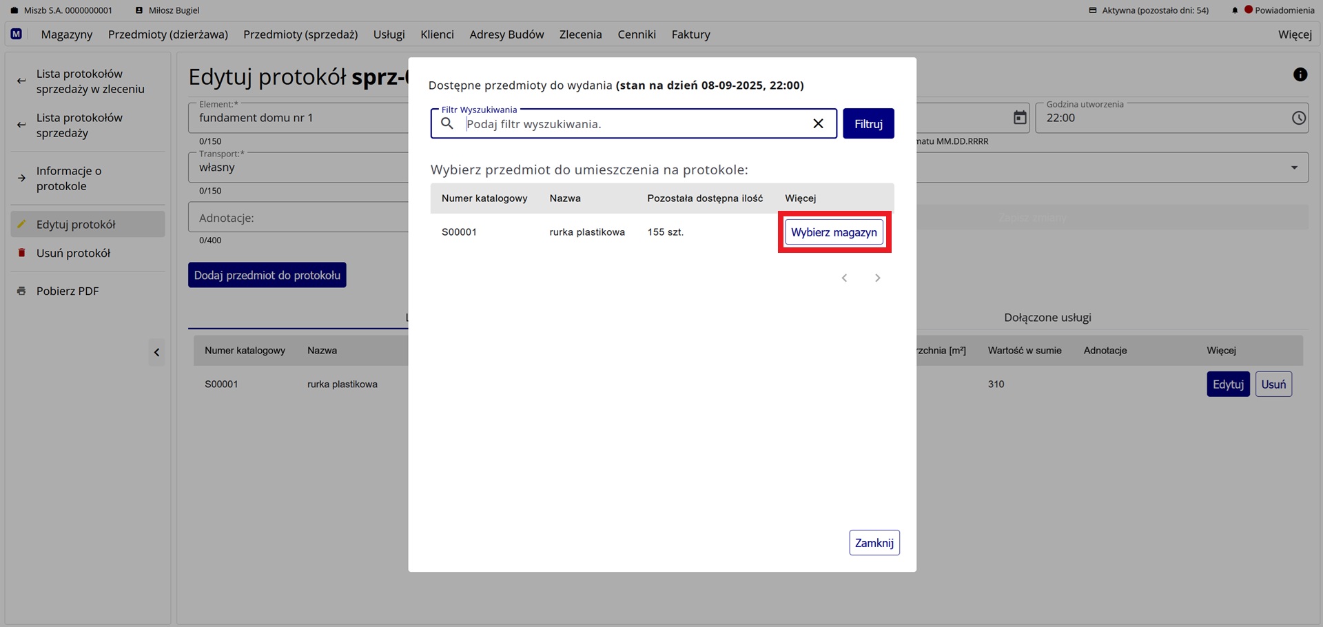 Okno z listą przedmiotów dostępnych do sprzedaży