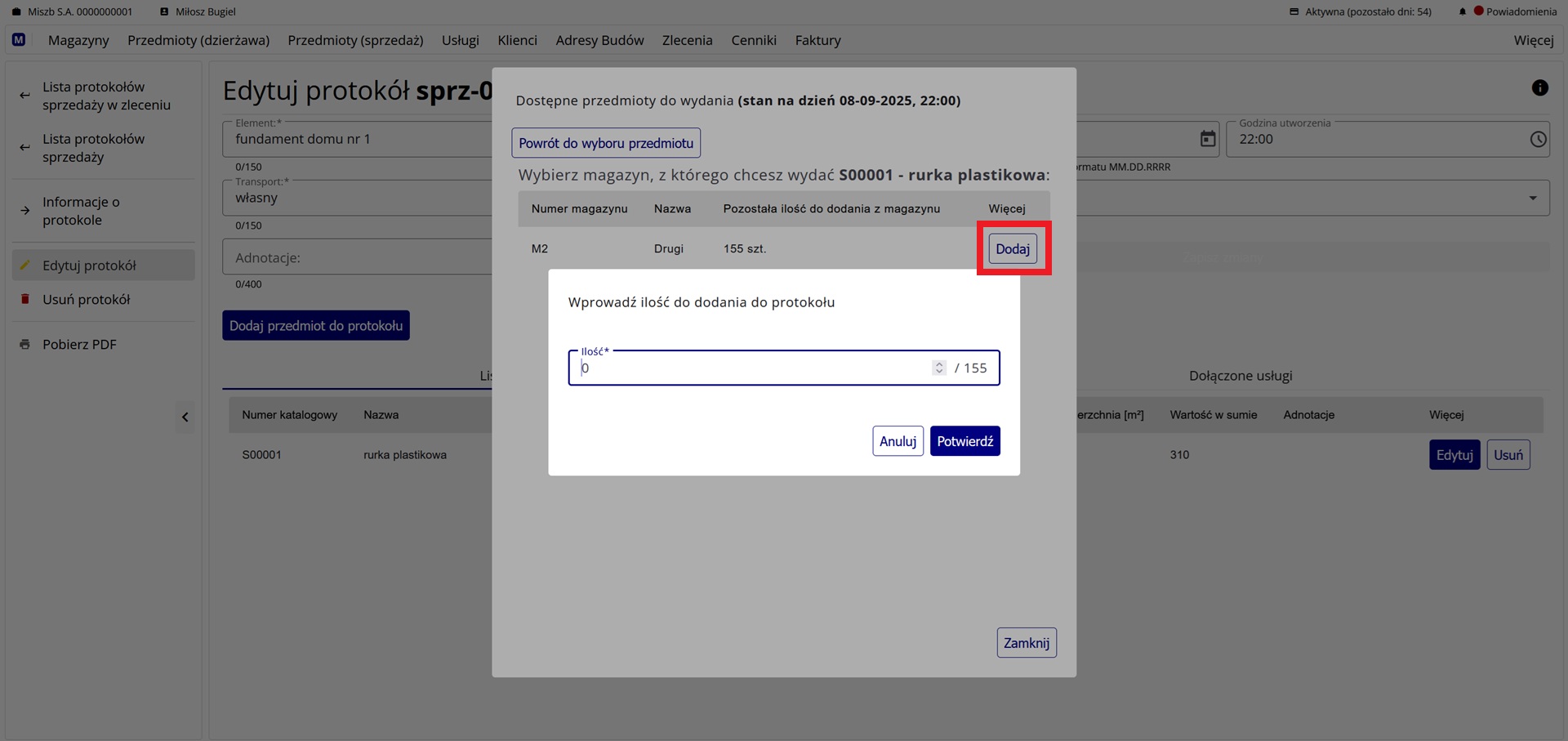 Wprowadzanie ilości przedmiotu do dodania do protokołu