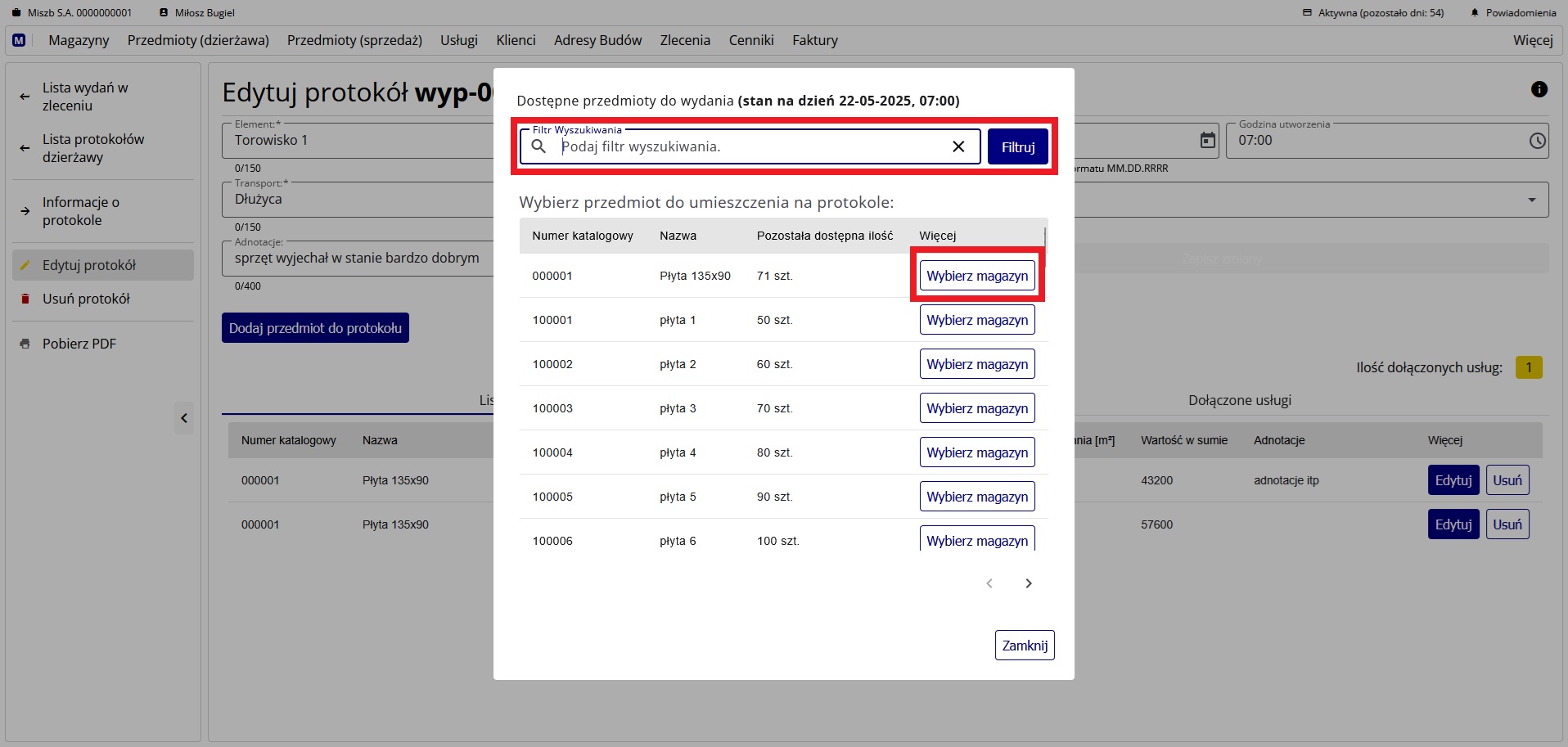Okno z listą przedmiotów dostępnych do wydania