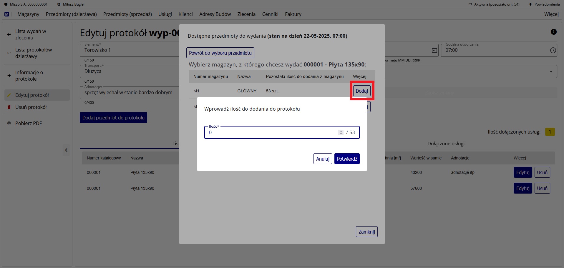 Wprowadzanie ilości przedmiotu do dodania do protokołu