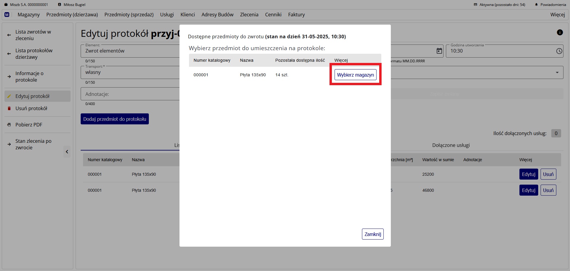 okno wyboru przedmiotu do zwrotu