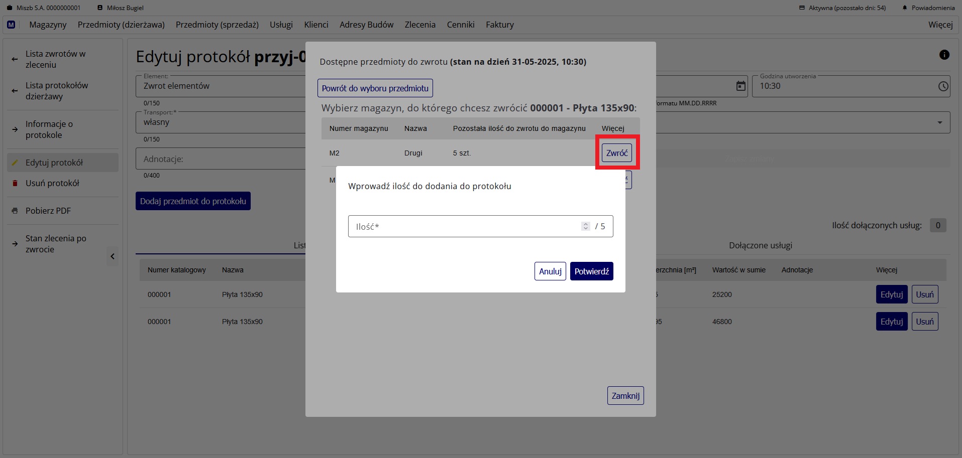 wprowadzanie ilości przedmiotu do zwrotu