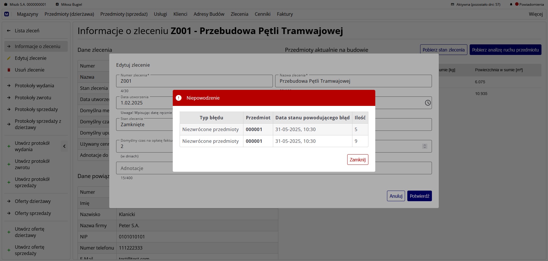 Okno błędu po próbie zamknięcia zlecenia z przedmiotami na stanie