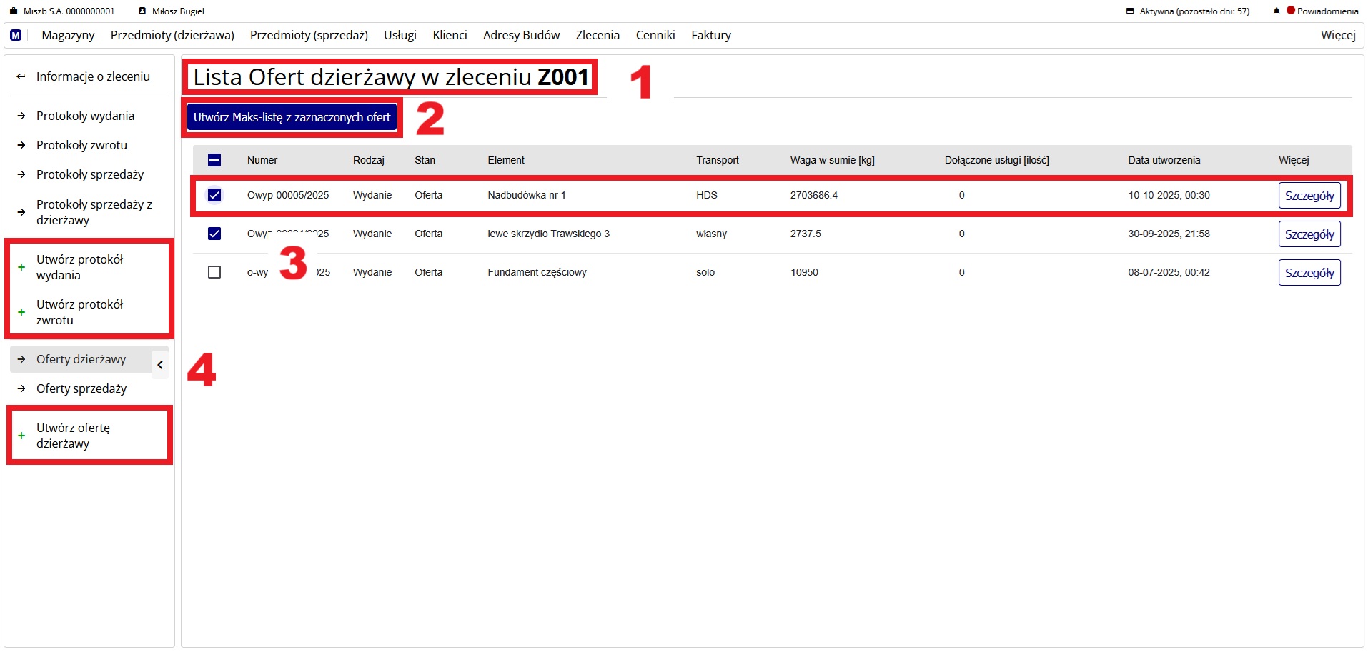 lista ofert dzierżawy w zleceniu