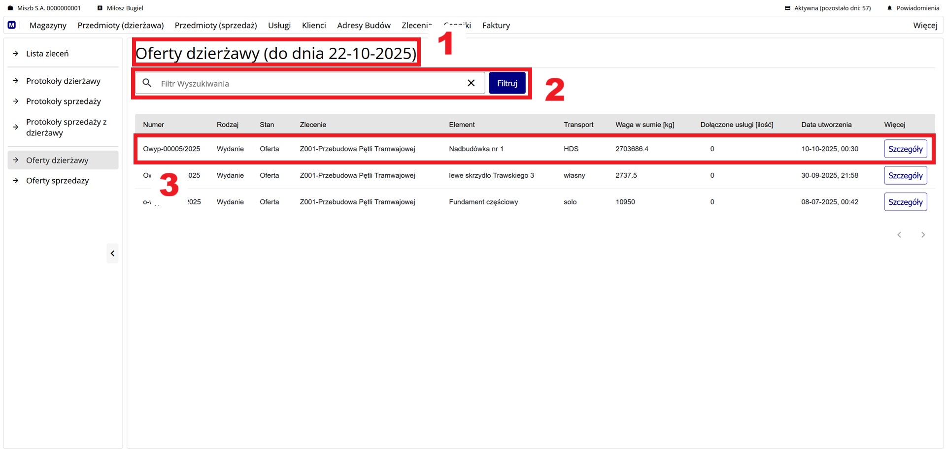 ekran z listą ofert dzierżawy