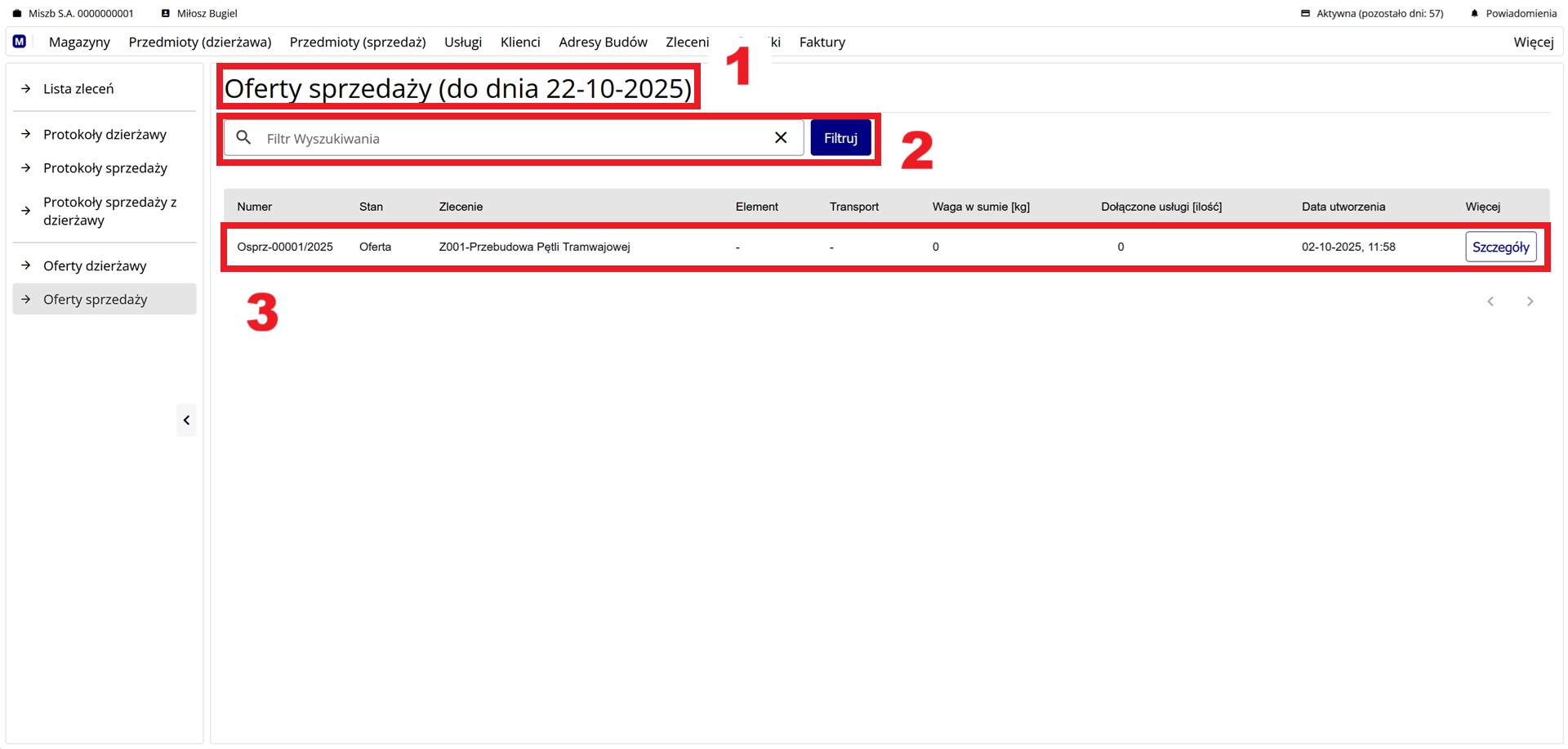 ekran z listą ofert sprzedaży