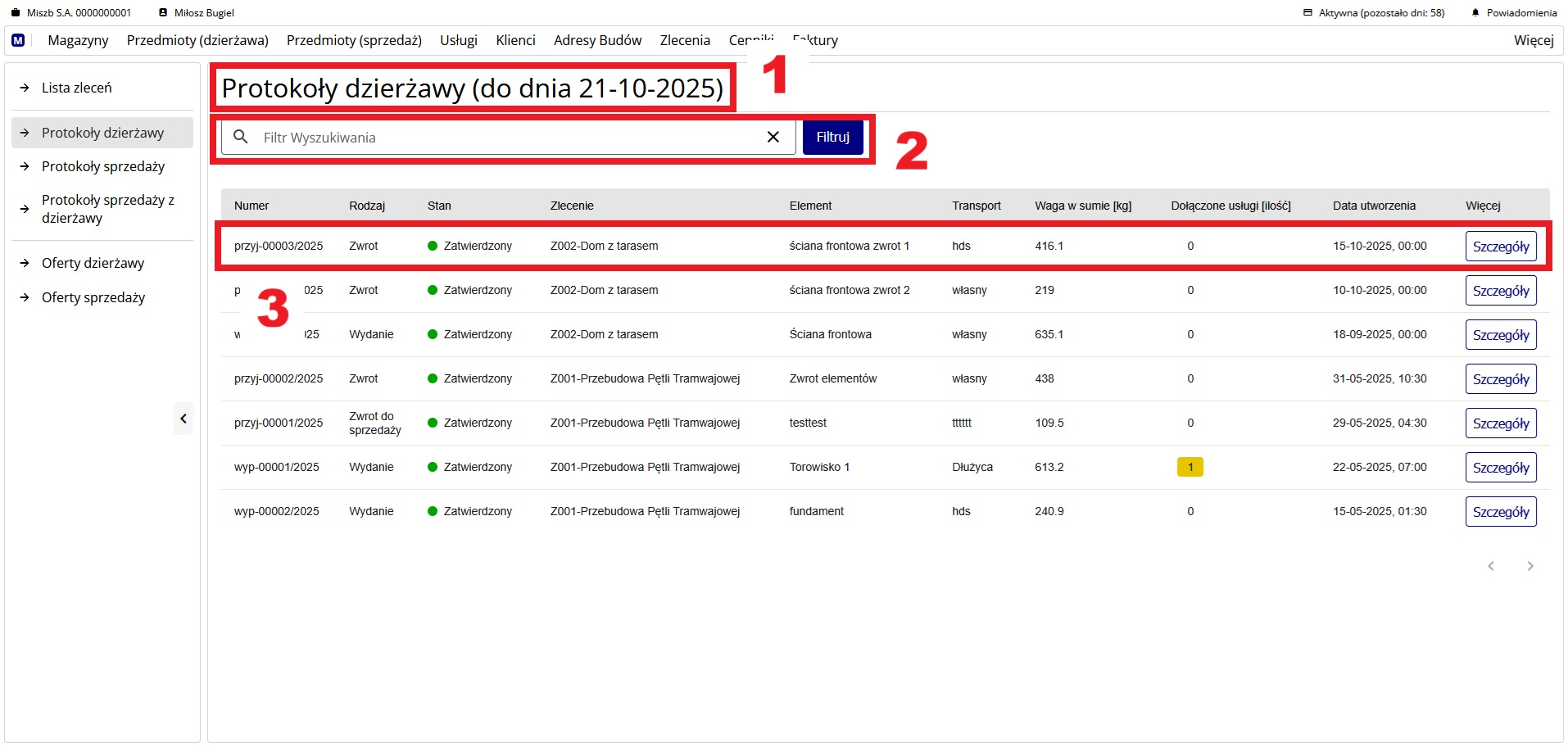 ekran z listą protokołów dzierżawy