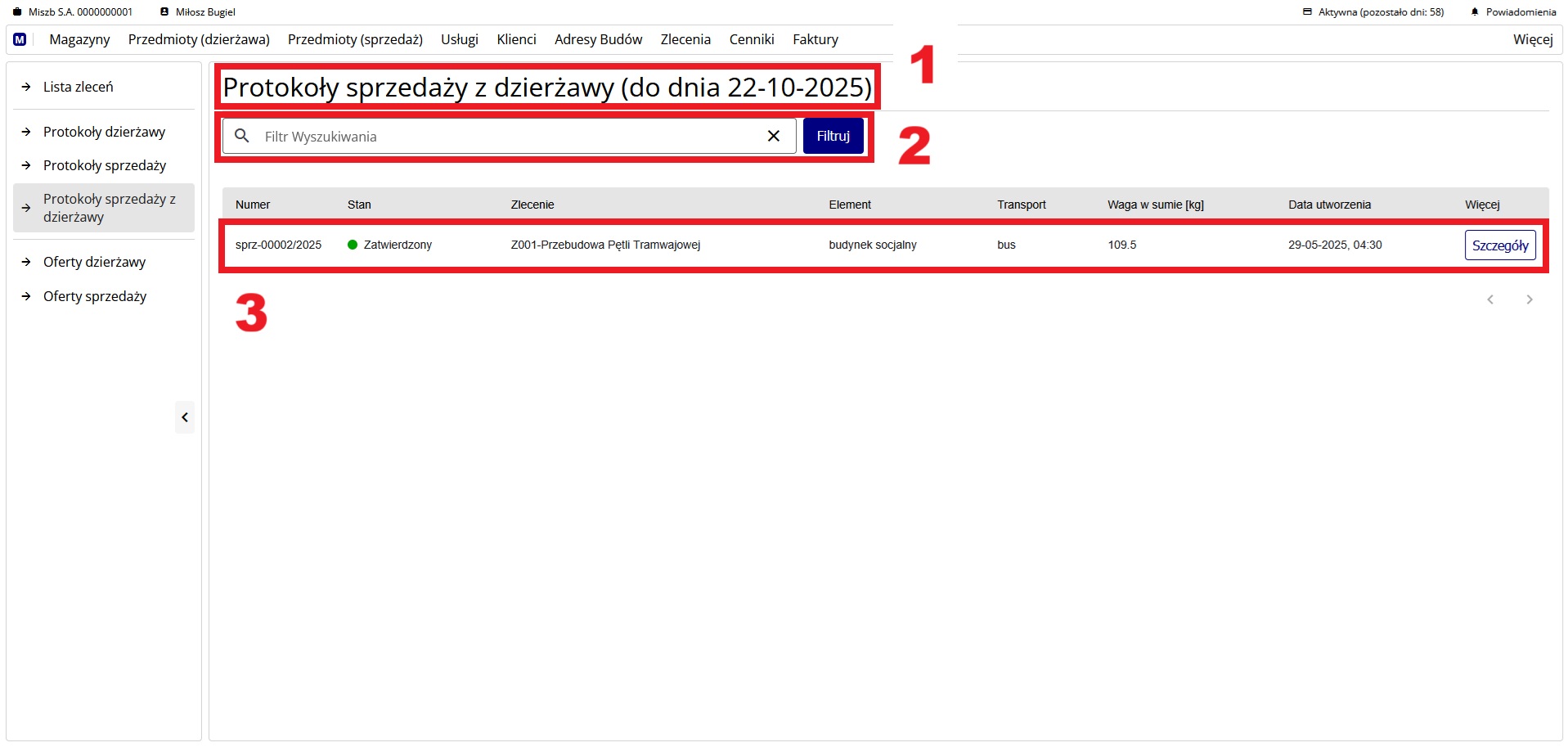 ekran z listą protokołów sprzedaży z dzierżawy