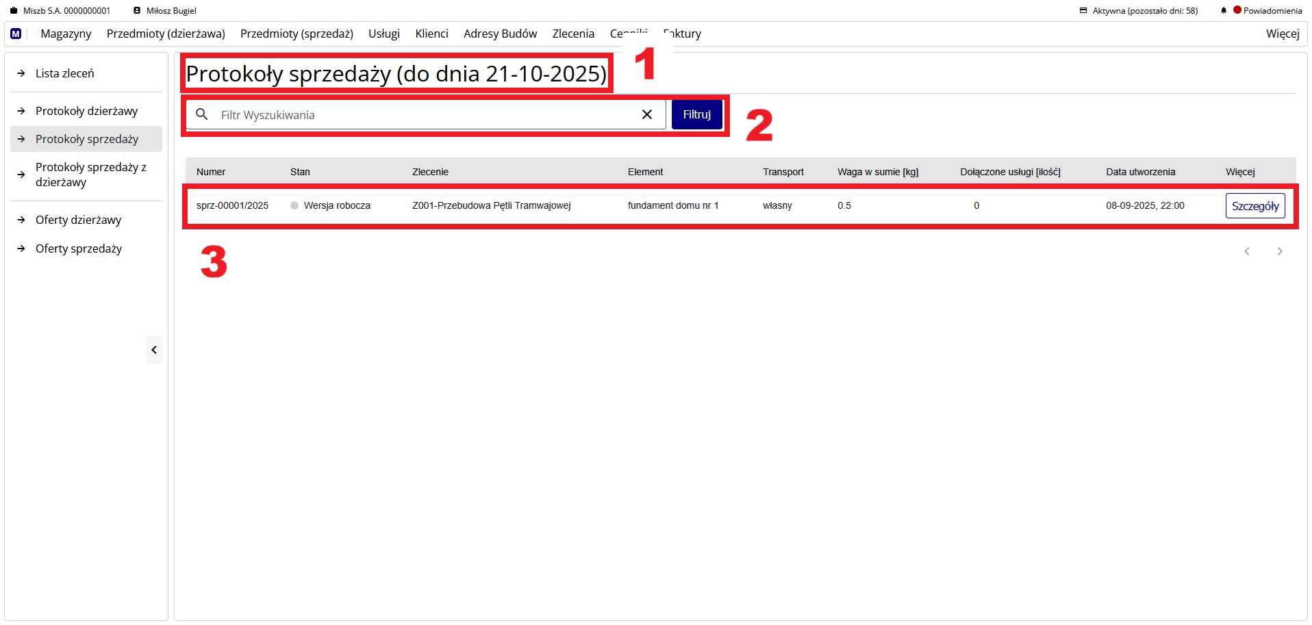 ekran z listą protokołów sprzedaży