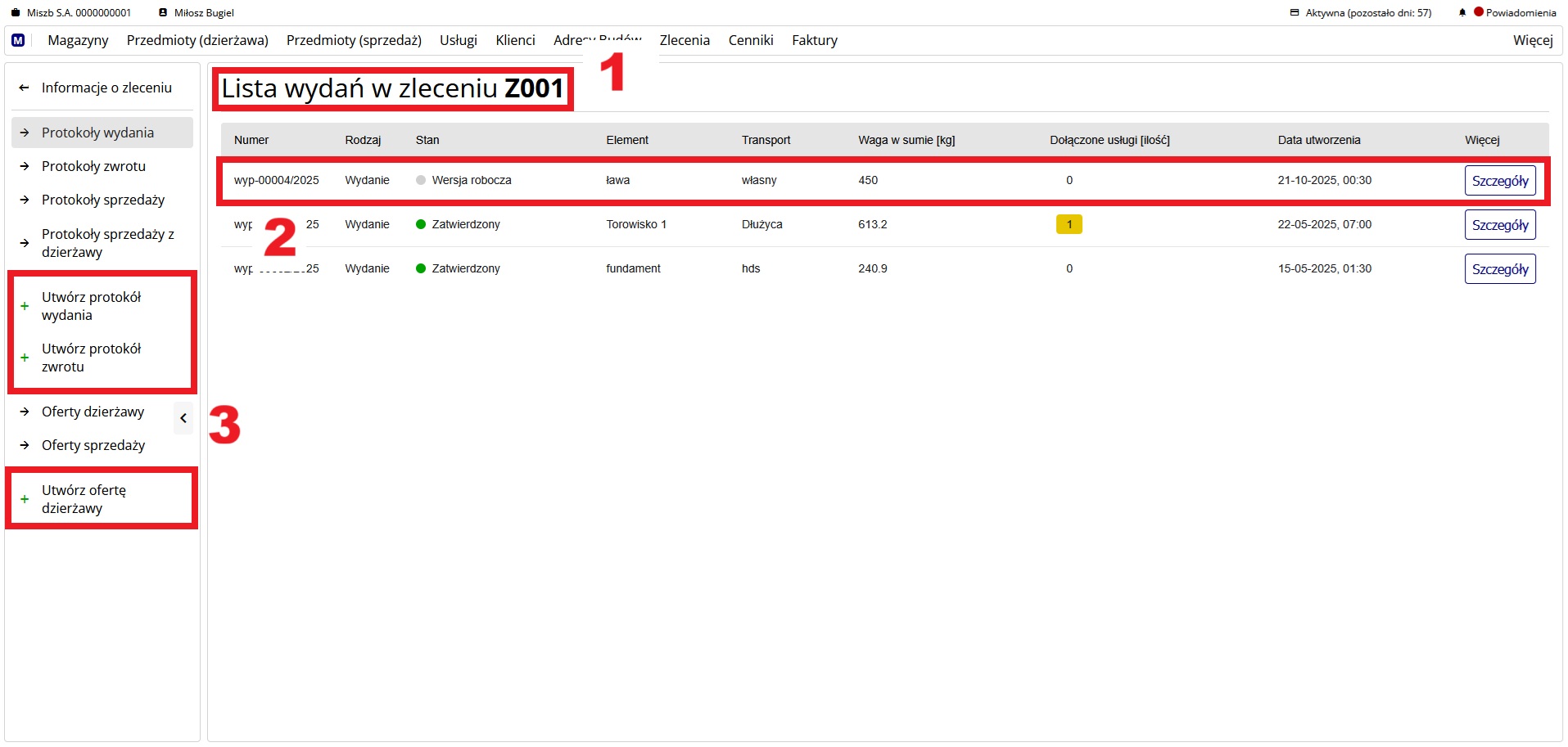 lista protokołów wydania w zleceniu