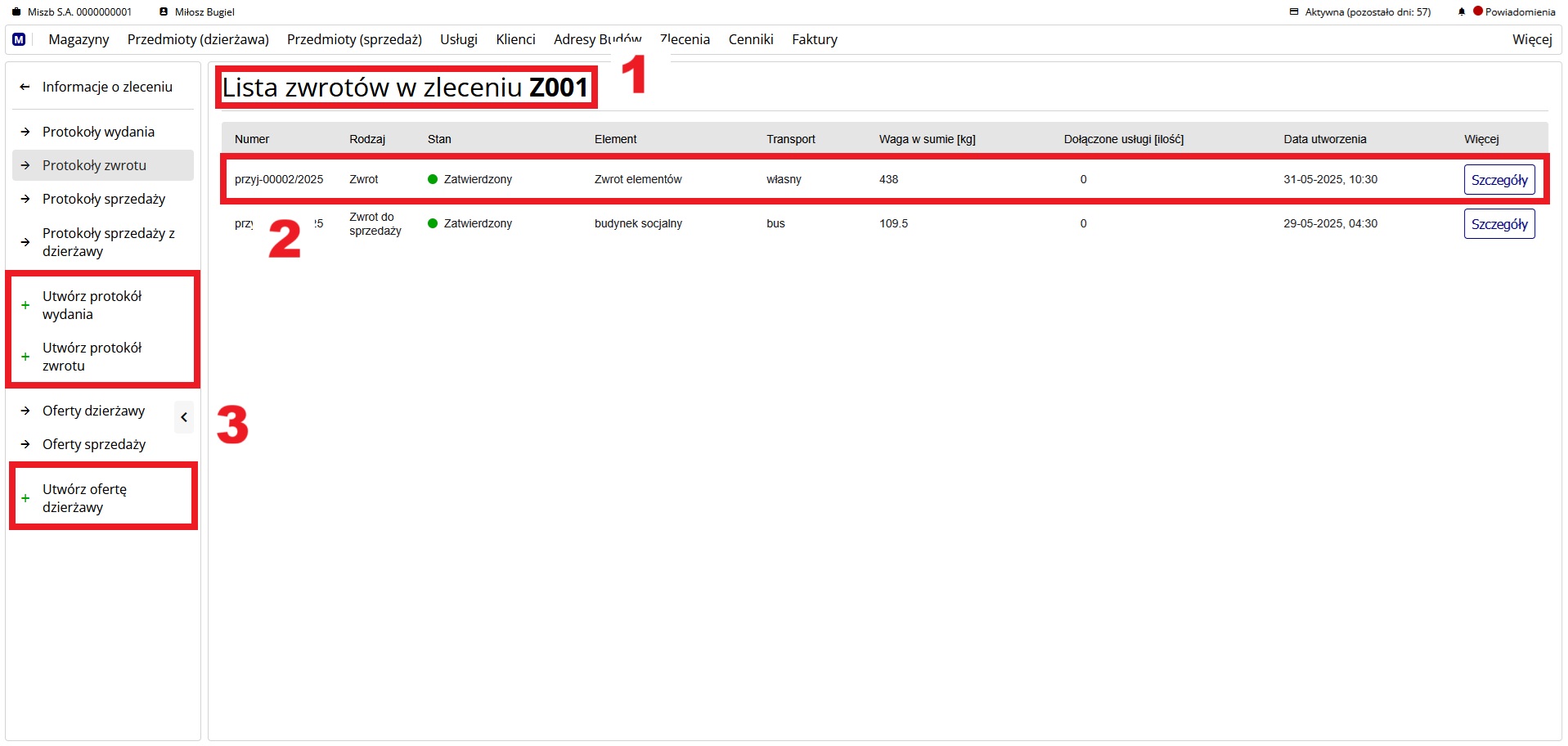 lista protokołów zwrotu w zleceniu