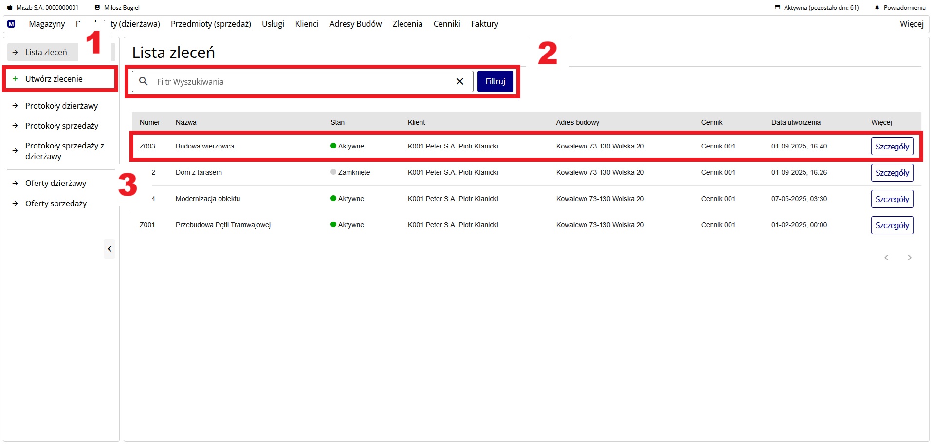 ekran z listą założonych zleceń