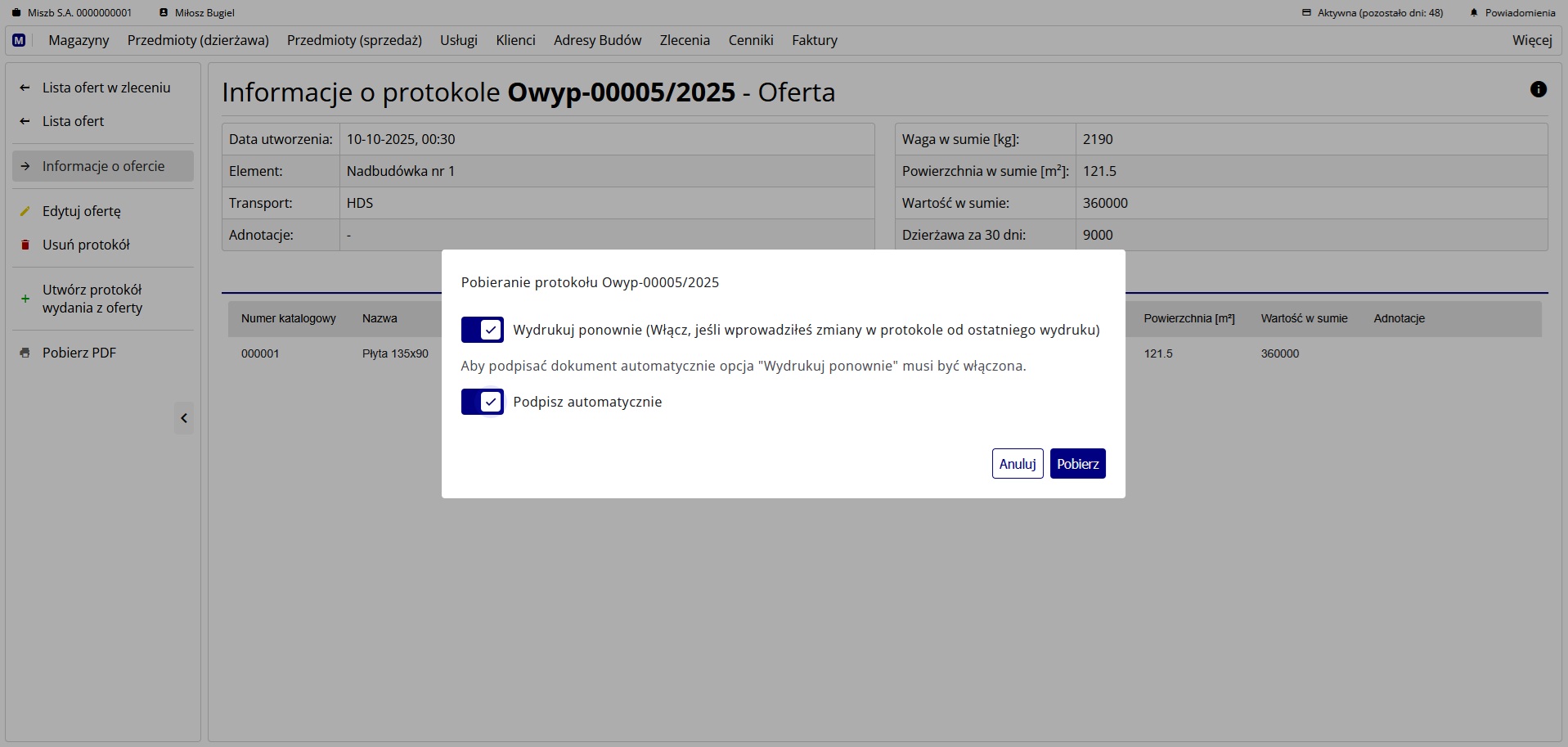 Potwierdzenie wydruku dokumentu oferty w formie PDF