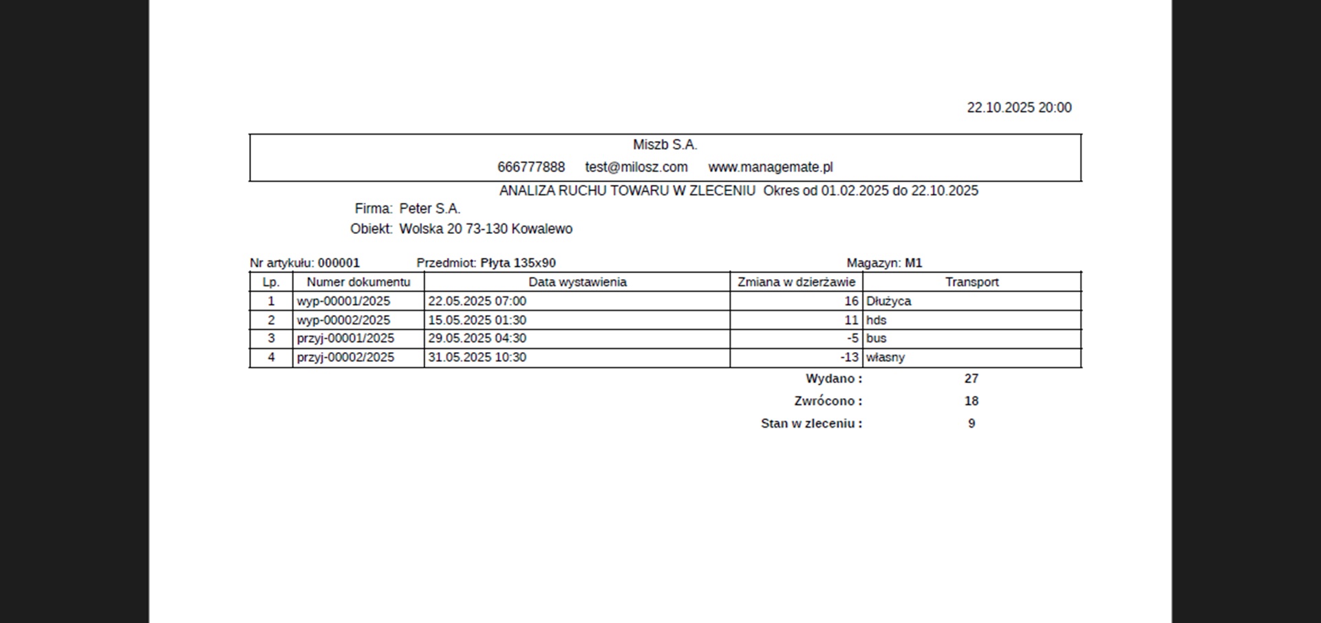 Dokument PDF z analizą ruchu przedmiotu w zleceniu