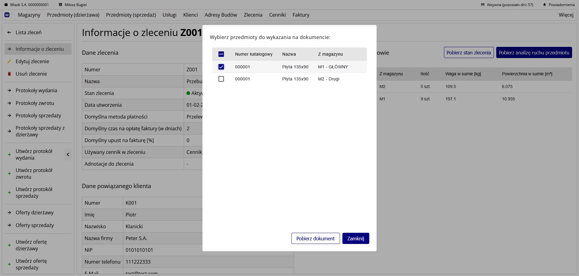 okno tworzenia wydruku analizy ruchu wybranych przedmiotów w zleceniu
