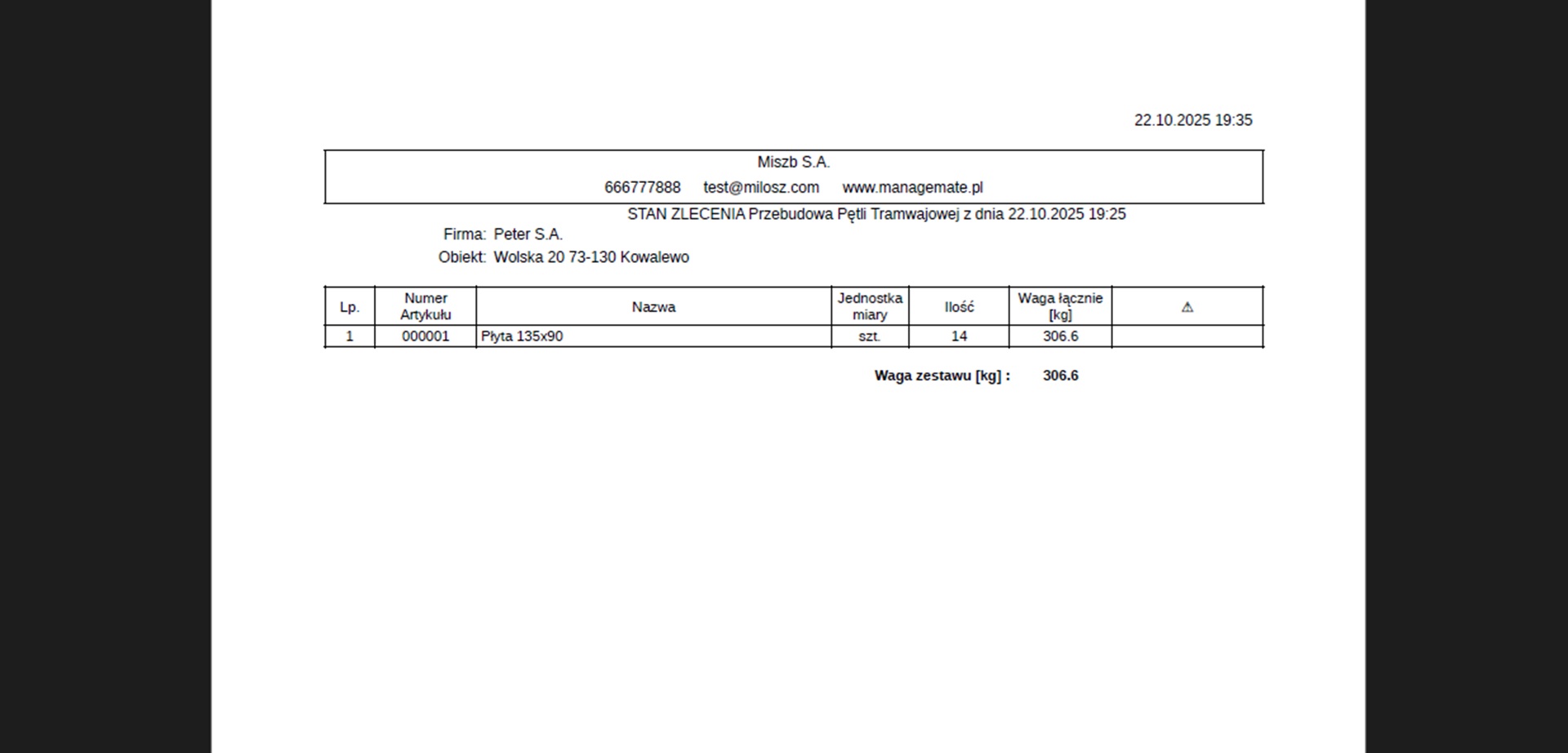 Dokument PDF ze stanem zlecenia na dany dzień i godzinę