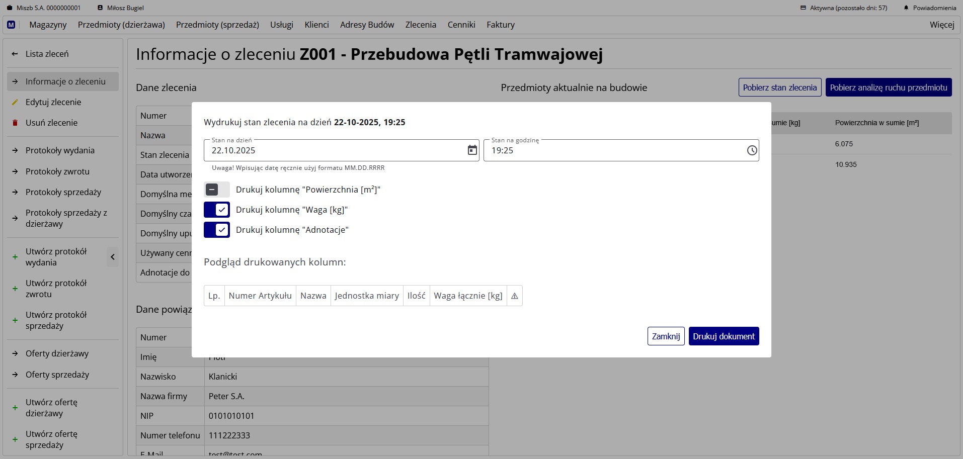 okno tworzenia wydruku stanu zlecenia na dany dzień i godzinę