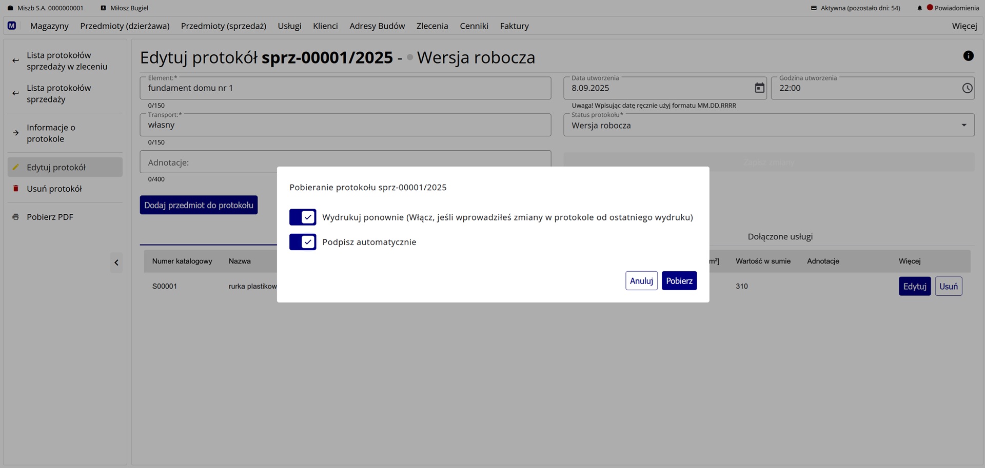 Potwierdzenie wydruku dokumentu protokołu w formie PDF