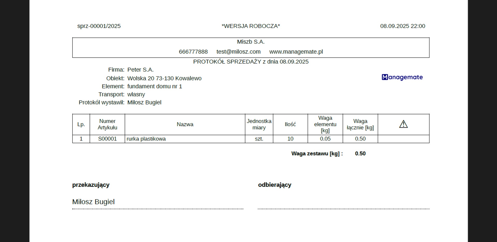 Dokument PDF protokołu sprzedaży