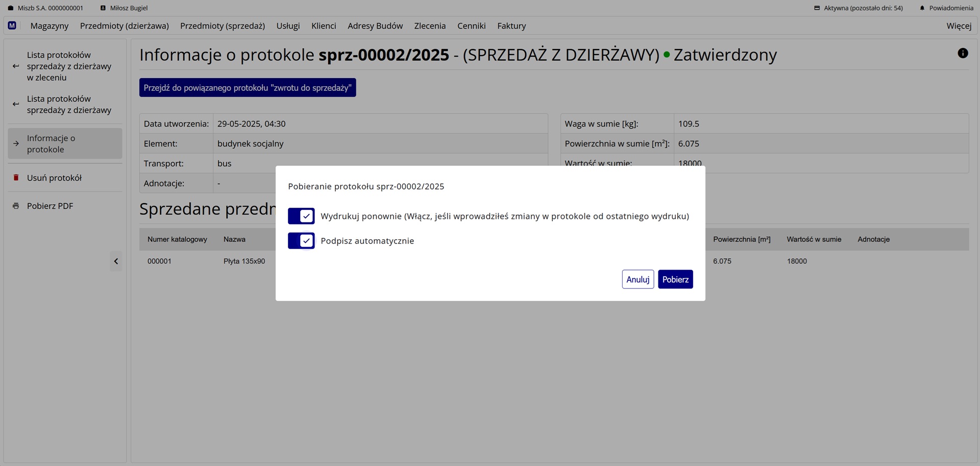 Potwierdzenie wydruku dokumentu protokołu w formie PDF