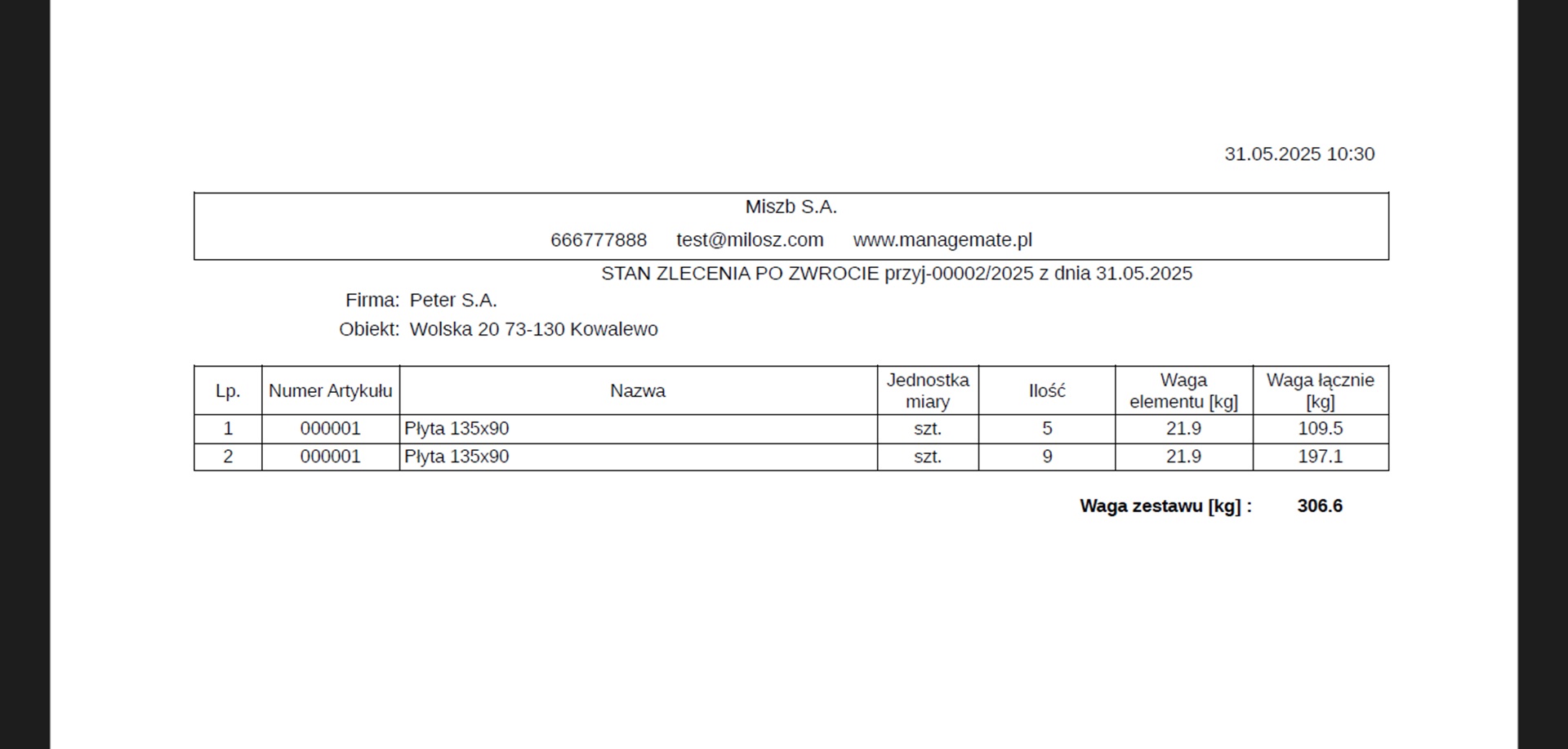 Dokument PDF ze stanem zlecenia po zwrocie