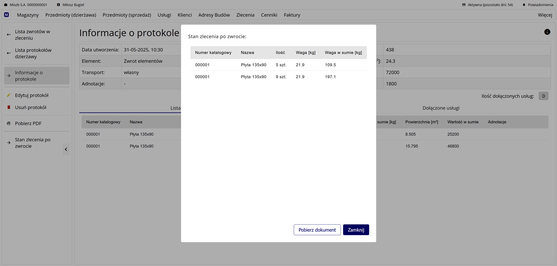 Stan zlecenia po zwrocie