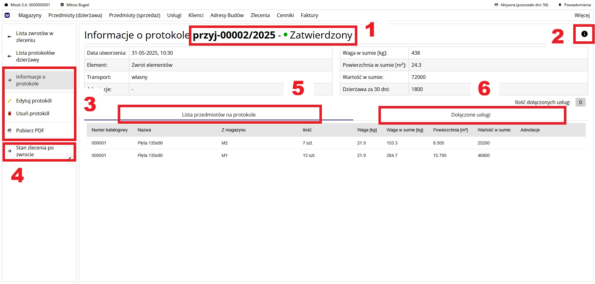 strona przedstawiająca szczegóły protokołu zwrotu i wydania