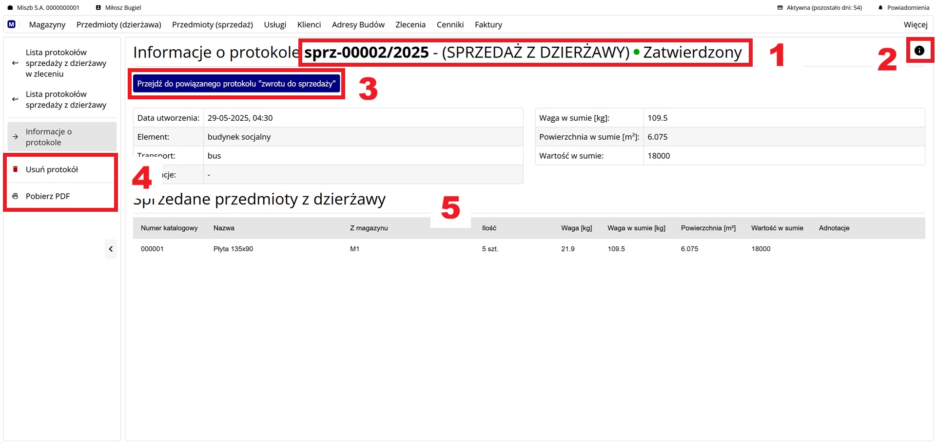strona przedstawiająca szczegóły protokołu sprzedaży z dzierżawy