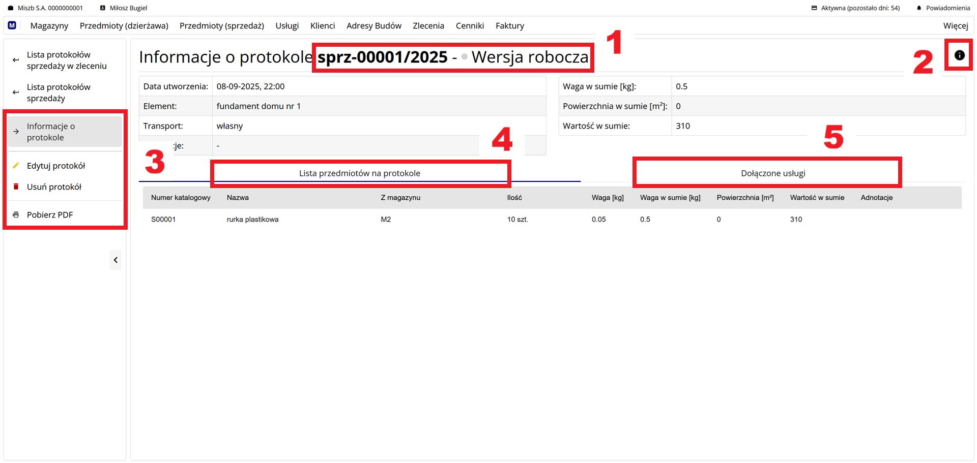 strona przedstawiająca szczegóły protokołu sprzedaży