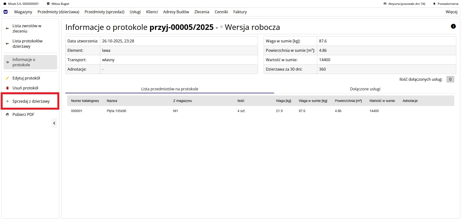 strona przedstawiająca szczegóły protokołu zwrotu w stanie wersji roboczej