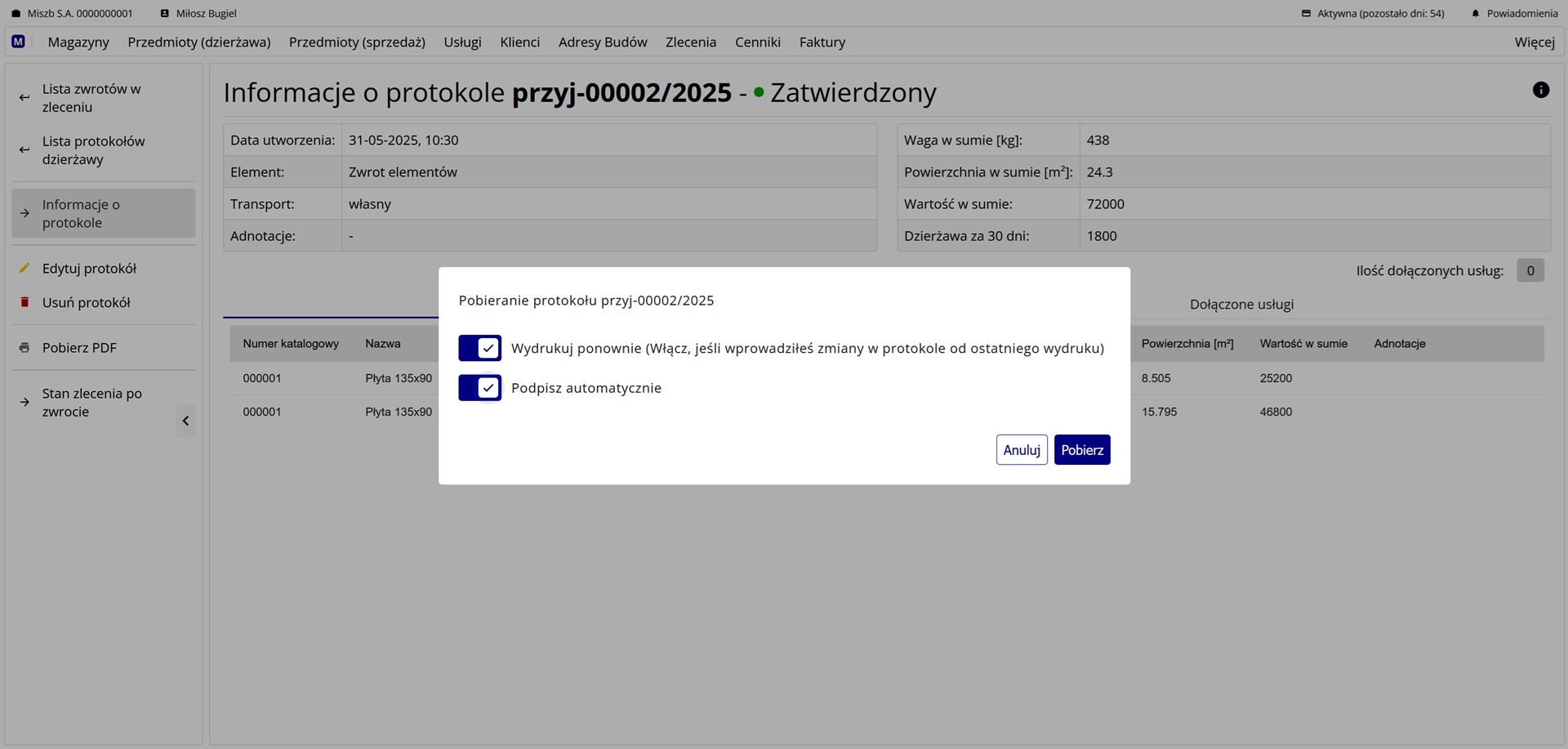 Potwierdzenie wydruku dokumentu protokołu w formie PDF