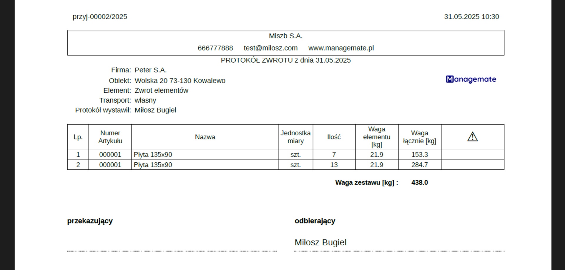 Dokument PDF protokołu zwrotu